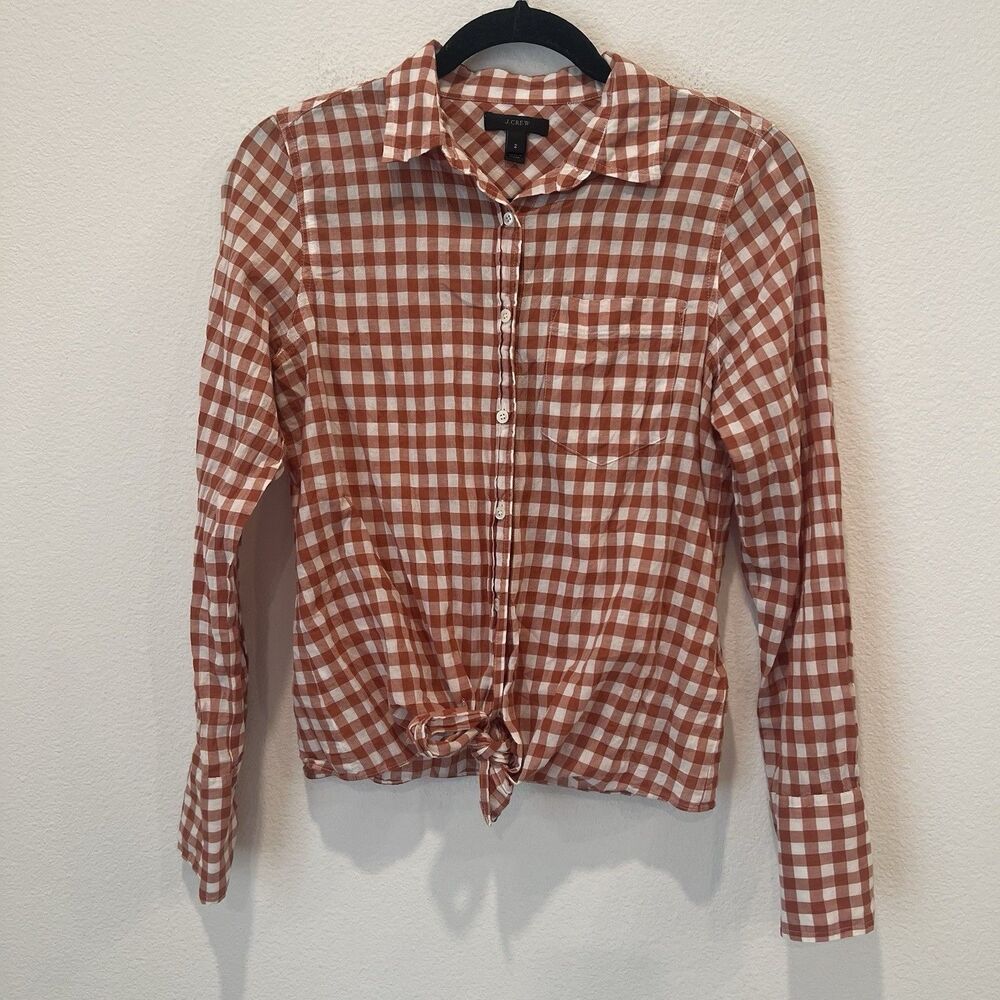 J Crew Gingham Tie Waist Button Down Shirt Red Brown Sz 2